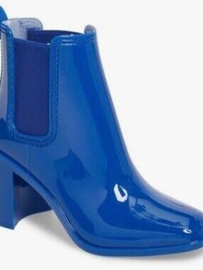Jeffrey Campbell Rain Boots  Glossy Royal Blue Patent Block Heel Chelsea Bootie